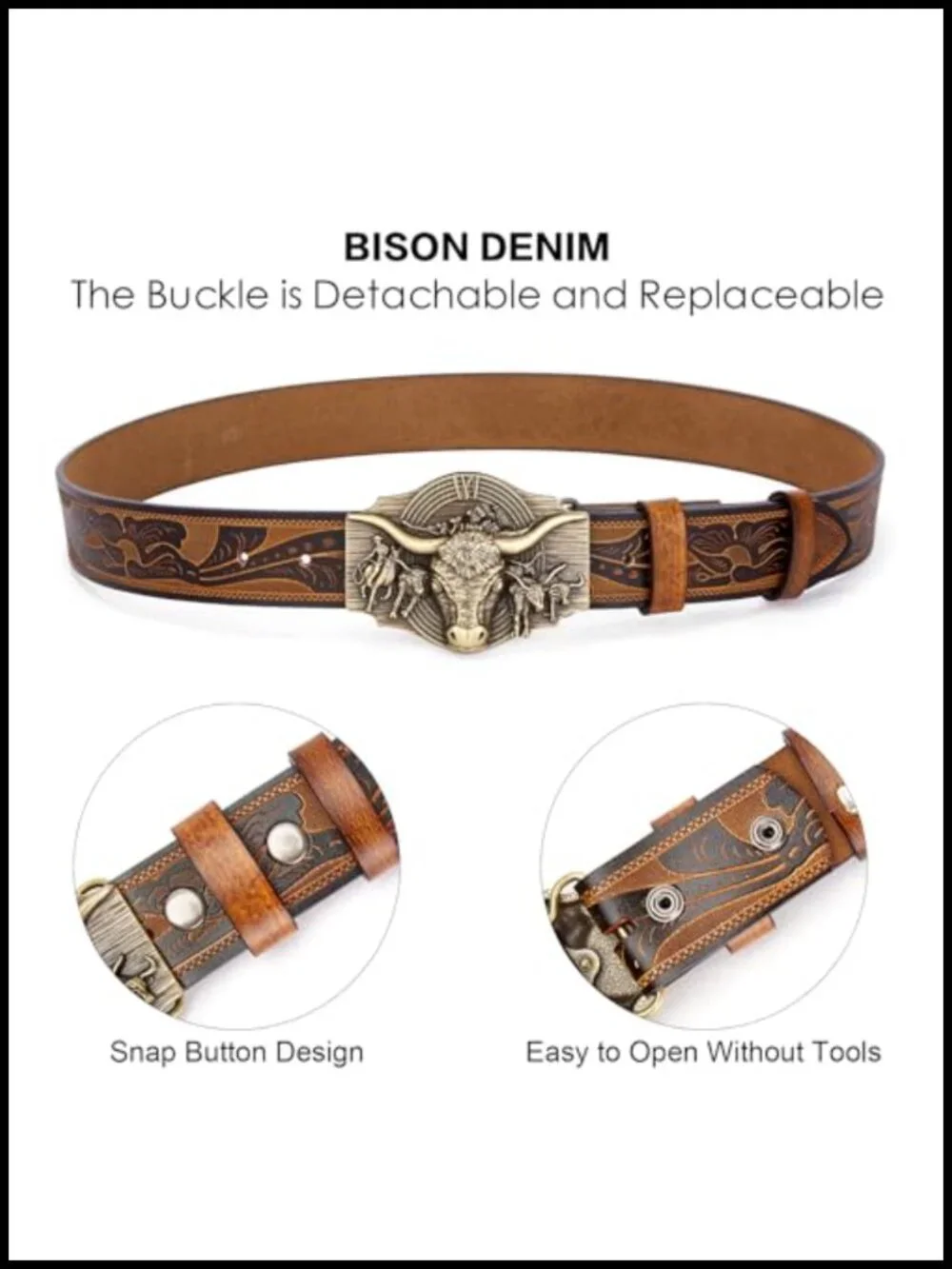 Genuine Cowhide Leather Western Belt Removable Snap Buckle Men's